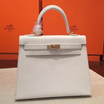 Hermes White Epsom Kelly 25cm Sellier Handmade Bag